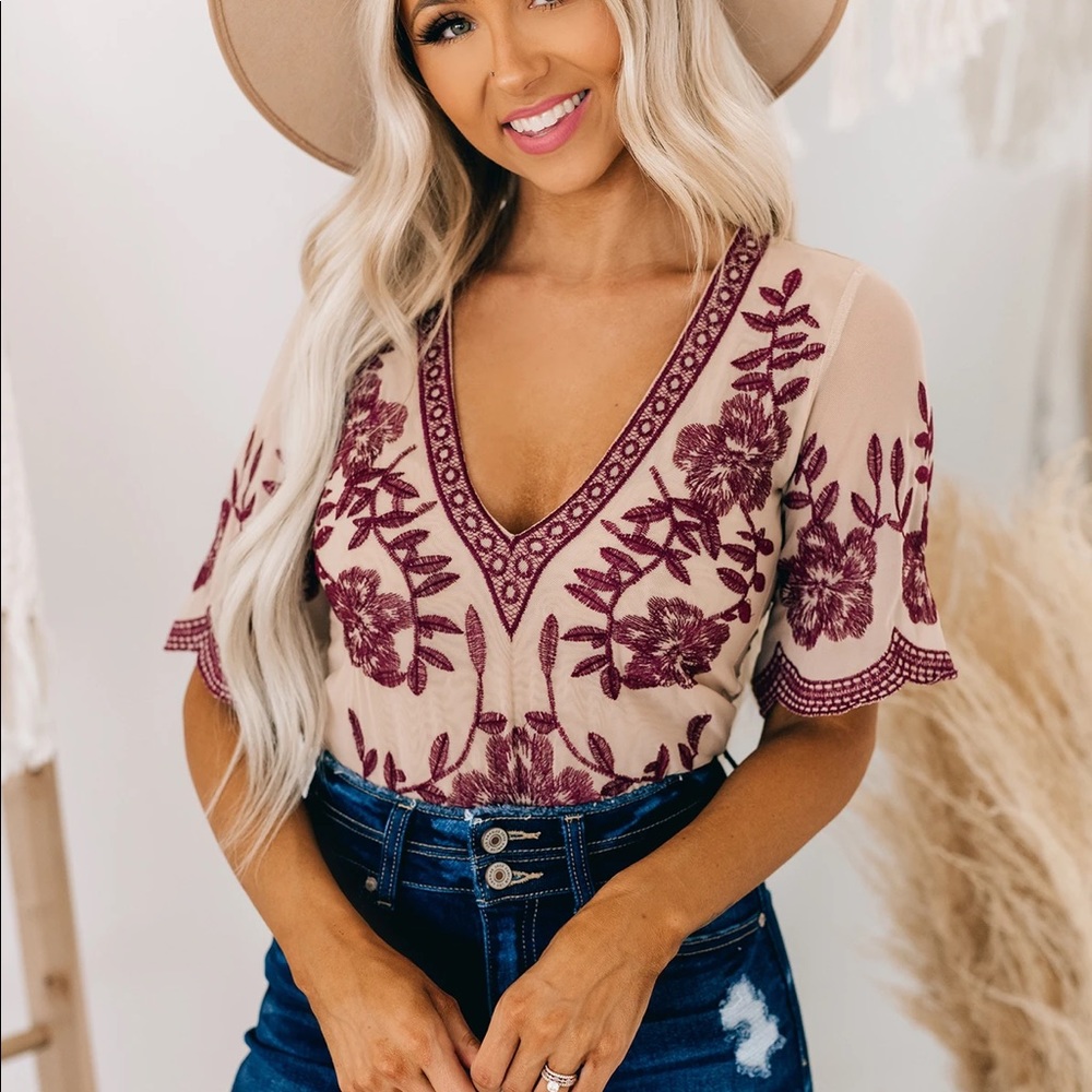 NanaMacs Sheer Embroidered Bodysuit